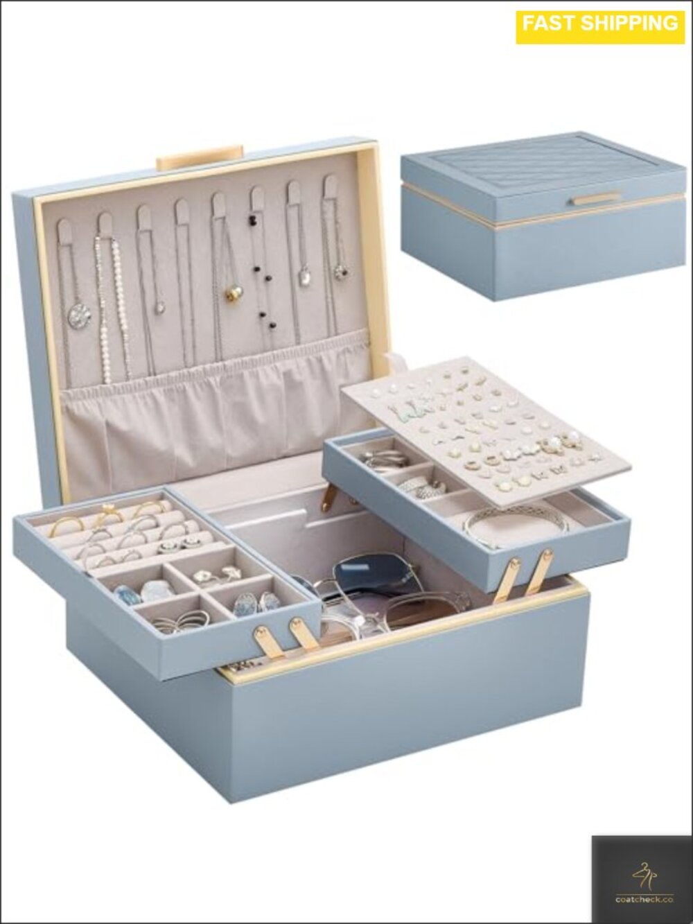 2-Layer Jewelry Box Organizer PU Leather Velvet Lining